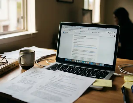 Home office writing setup with laptop open to a half-finished draft on Edomae sushi counter