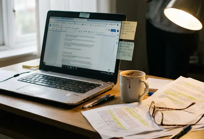 Home office writing setup with laptop open to a half-finished draft, browser tabs showing JSTOR