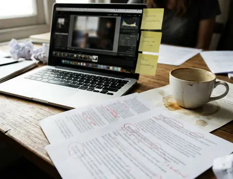 Editorial desk with notes and drafts scattered across a cluttered wooden surface, printed interview transcripts
